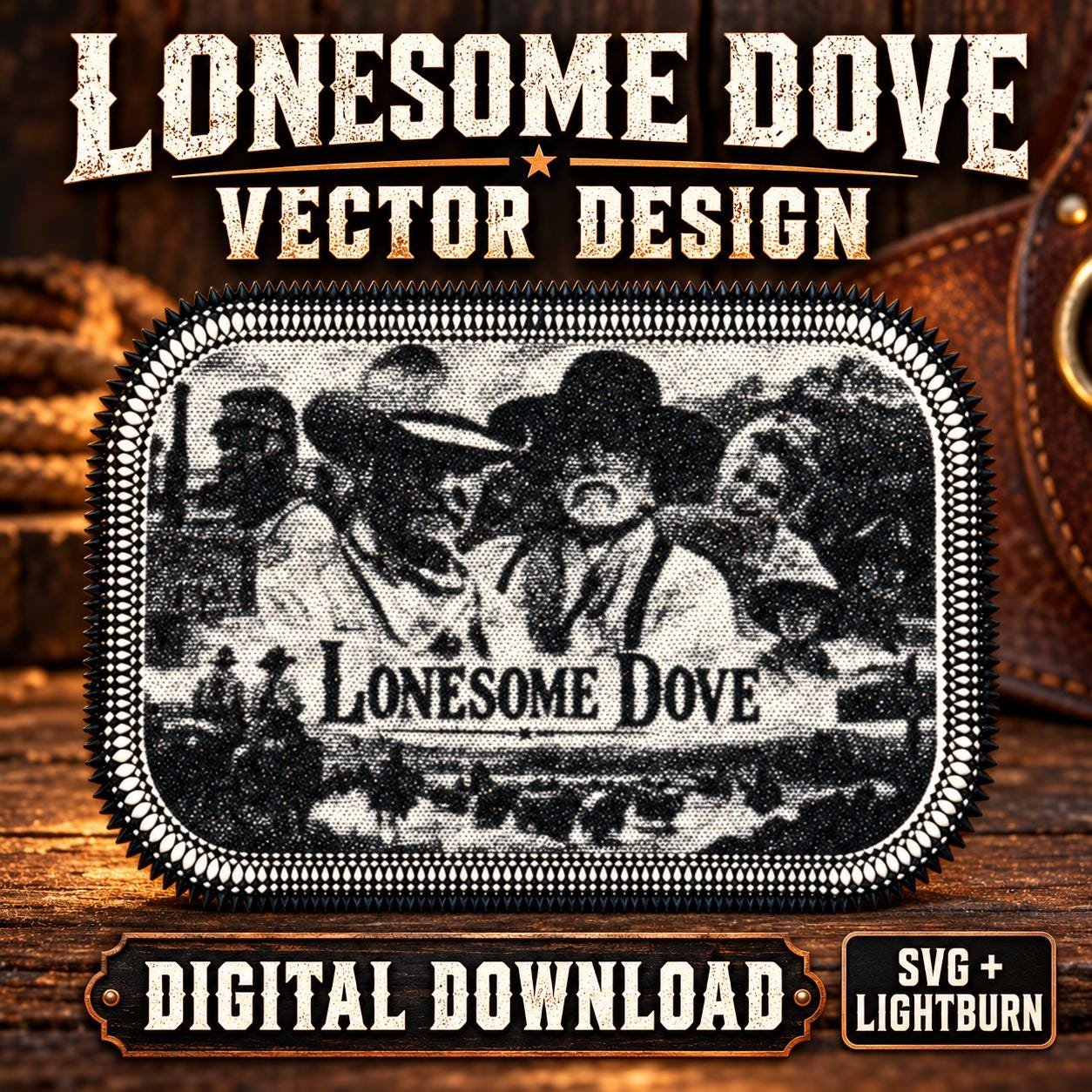 Lonesome Dove Vector-Dot Western Hat Patch – Gus & Woodrow SVG for Laser Engraving