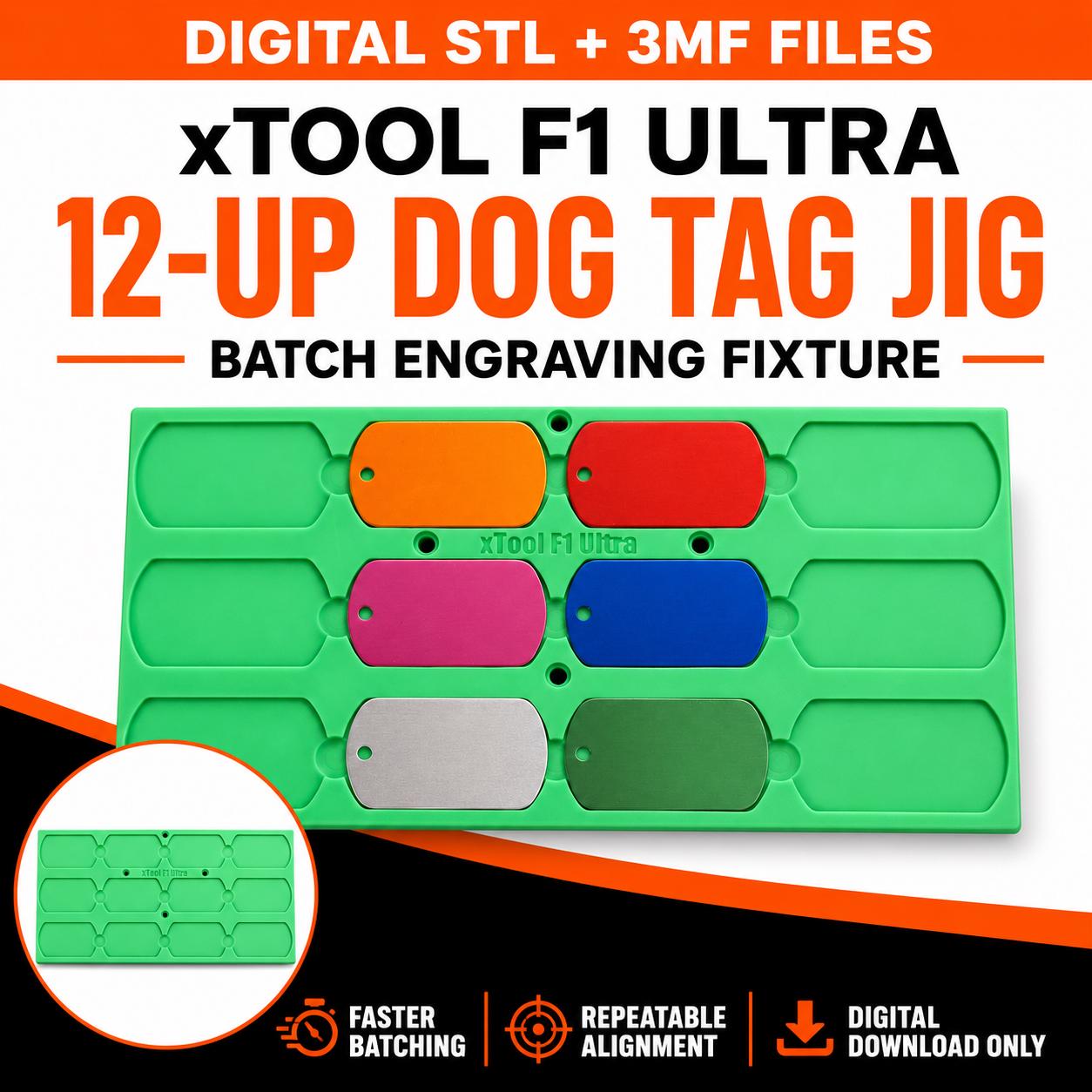xTool F1 Ultra Dog Tag Jig STL | 12-Up Laser Engraving Fixture | 3D Print File